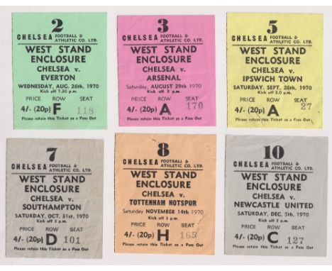 Football tickets, Chelsea FC home tickets, 1970/71, six tickets for Division 1 League games v Everton 26 Aug 70, Arsenal 29 A