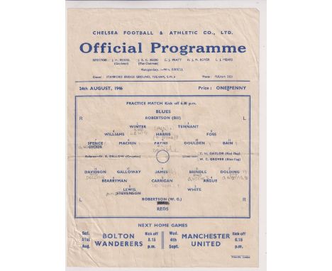 Football programme, at Stamford Bridge, Chelsea, Public Practice Match, Blues v Reds, 24 August 1946, single sheet (pencil tc