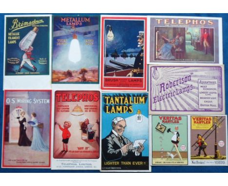 Postcards, Advertising, a UK product advertising selection of 9 cards related to lighting, with a few poster style ads, inc. 