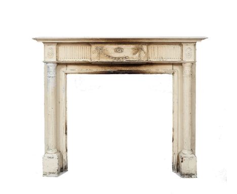 A 19TH CENTURY WHITE PAINTED CARVED TIMBER FIRE SURROUND, in George III style , with plain moulded top above a tablet decorat