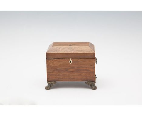 A GEORGE IV ROSEWOOD TEA CADDY with flat domed hinged lid and gilt metal ring handles, raised on cast paw feet.