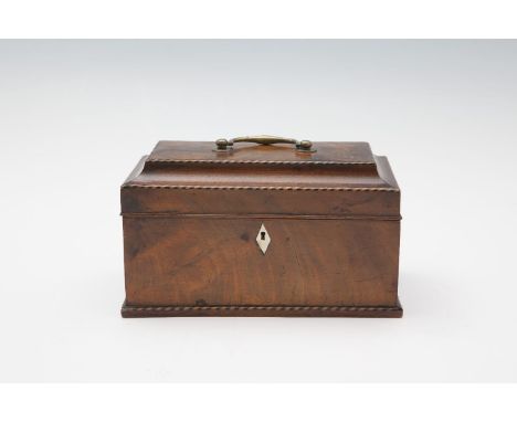 A GEORGE III MAHOGANY RECTANGULAR TEA CADDY, the flat domed lid with brass handle, decorated with ebon and boxwood cross band