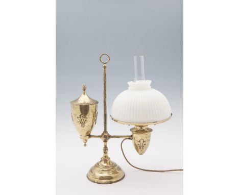 A 19TH CENTURY BRASS OIL LAMP with glass shade and cover.