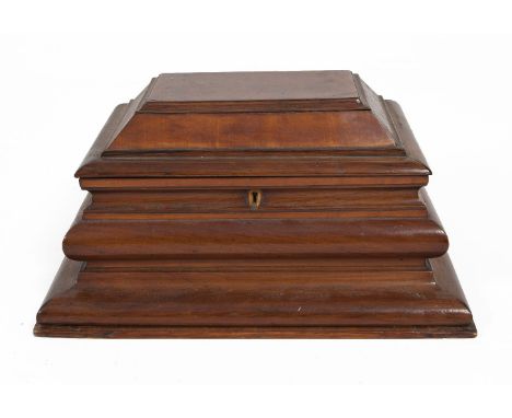 A VICTORIAN MAHOGANY RECTANGULAR SARCOPHAGUS SHAPED TEA CADDY, the hinged flat domed top opening to reveal an interior fitted