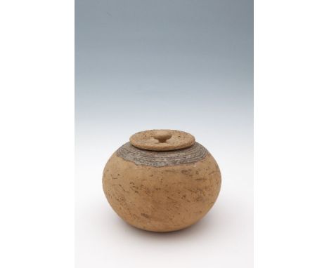 A BERNARD LEACH GLAZED POTTERY JAR and cover, decorated in cream and brown tones, of globular shape, marked with impressed in