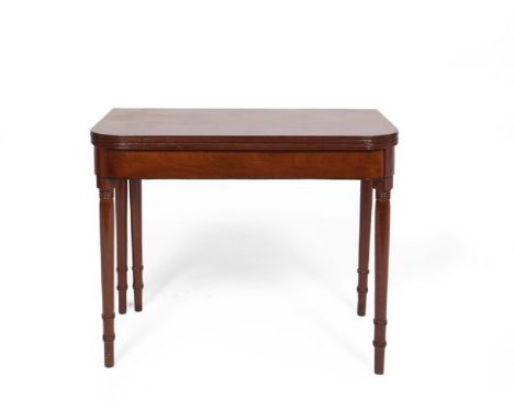 A 19TH CENTURY MAHOGANY RECTANGULAR FOLDING TOP TEA TABLE, with reeded rim and raised on ring-bound column legs. 90 x 44cm