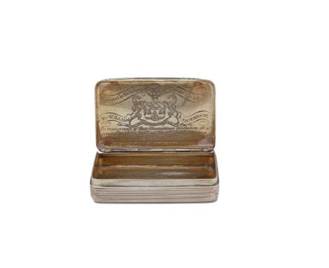 A GEORGE IV SILVER RECTANGULAR SNUFF BOX, London 1820, mark possibly that of William Eley, the hinged lid and base, with engi