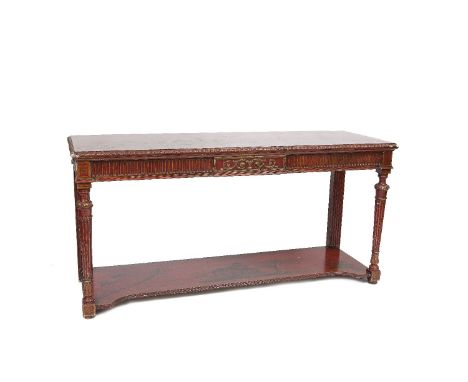 A RED AND GILT JAPANNED CONSOLE TABLE, in 19th Century style, the rectangular top decorated with Chinoiserie panels filled wi