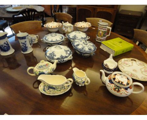 A LARGE COLLECTION OF VICTORIAN AND LATER CERAMIC TABLEWARE, including Burslem tureens and covers; water jugs, Masons Ironsto