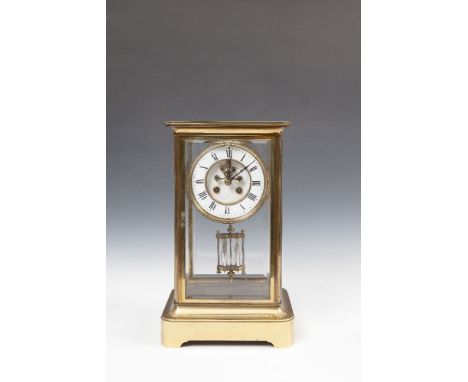 A LARGE FRENCH BRASS CASED FOUR-GLASS MANTLE CLOCK, Paris c.1880, with flat outset top above a bevelled panel door enclosing 