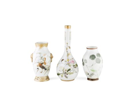 THREE SETO-WARE VASESONE BY KAWAMOTO MASAKICHI, MEIJI PERIOD the first painted with a butterfly hovering above trailing bean 