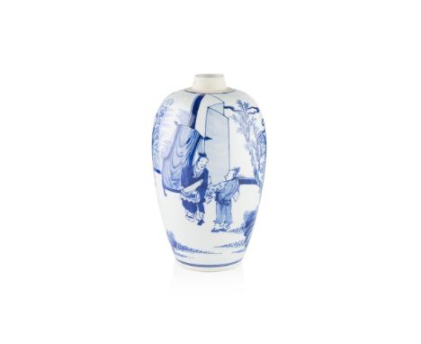 BLUE AND WHITE 'BIRTHDAY CELEBRATION' OVOID JARKANGXI STYLE BUT LATER decorated in vibrant shades of cobalt blue depicting th