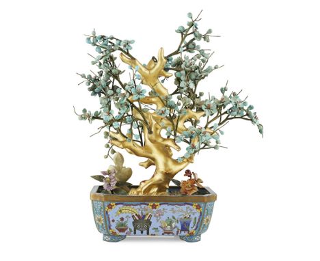 HARDSTONE TREE IN A CLOISONNÉ ENAMEL JARDINIÈRE20TH CENTURY the prunus tree bearing flowers formed by turquoise, the bough gi
