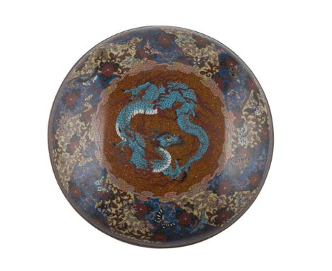 LARGE CLOISONNÉ ENAMEL CIRCULAR BOX AND COVERMEIJI PERIOD the cover enamelled to the exterior with a turquoise dragon writhin