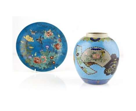 TWO JIKI SHIPPO ENAMELLED PORCELAIN ARTICLESONE SIGNED MATSUOKA, MEIJI PERIOD the first a globular jar, worked in gilt wires 