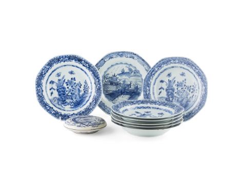 COLLECTION OF EIGHT BLUE AND WHITE DISHESQING DYNASTY, 18TH CENTURY each painted with an arrangement of flowers in a garden s