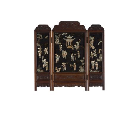 IVORY-INLAID THREE-FOLD WOODEN TABLE SCREENLATE QING DYNASTY finely inlaid in ivory with boys playing musical instruments, ca
