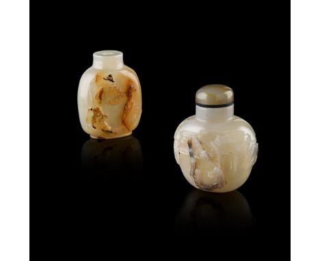 TWO AGATE SNUFF BOTTLESthe first carved with a continuous scene of boys at play in a courtyard, with three bats hovering abov
