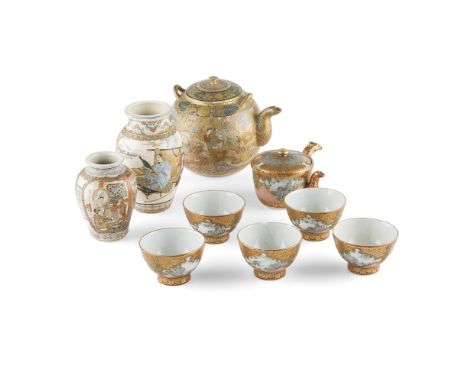 MISCELLANEOUS GROUP OF PORCELAINMEIJI PERIOD comprising: a Satsuma globular twin-handle teapot and cover, enamelled with figu