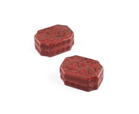 PAIR OF CINNABAR LACQUER COVERED BOXESLATE QING DYNASTY each of rectangular section with chamfered corners, the first carved 