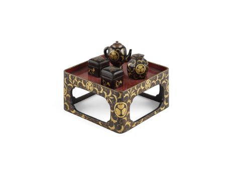 MINIATURE TEA SET FOR THE GIRL'S DAY FESTIVAL (HINA MATSURI)MEIJI PERIOD decorated in gold against a black-lacquered ground w