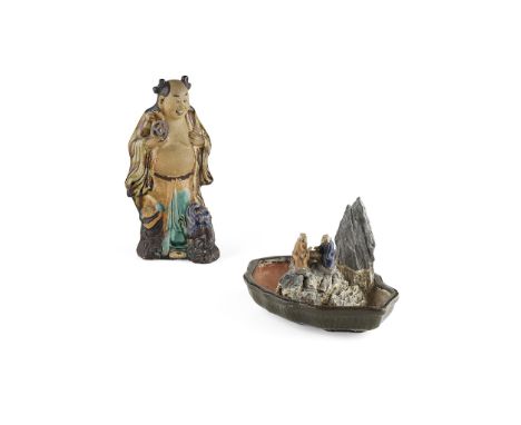 UNUSUAL SHIWAN POTTERY JARDINIÈREREPUBLIC PERIODof lobed form moulded with a scholar's rock to the centre with two elderly sc