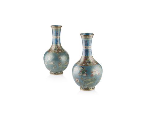 PAIR OF CLOISONNÉ ENAMEL BOTTLE VASES (2)LATE QING DYNASTY/REPUBLIC PERIOD each enamelled against a wire-inlaid diaper ground