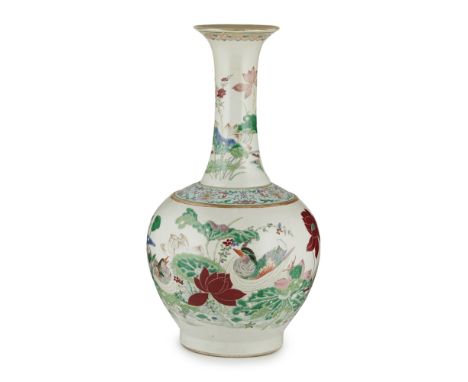 FAMILLE ROSE 'LOTUS POND' BOTTLE VASEDAOGUANG/TONGZHI PERIOD the globular body finely painted with a pair of mandarin ducks s