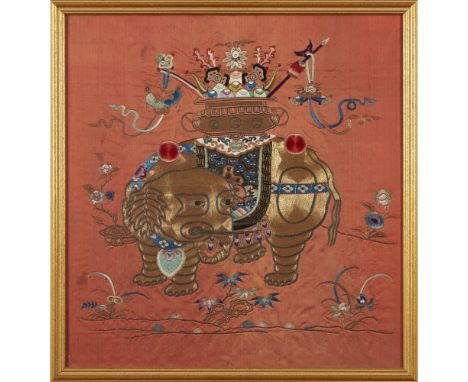 TWO EMBROIDERED RUST-GROUND SILK PANELSQING DYNASTY, 19TH CENTURY worked in couched-gilt and brightly coloured silk threads, 