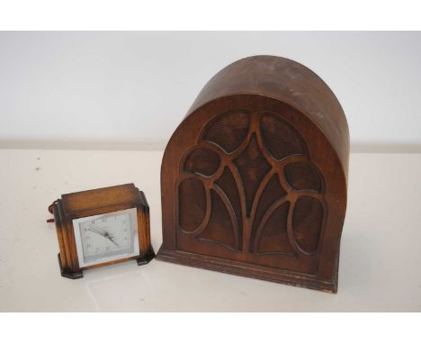 Speakers / Clock, a lovely art deco style HMV dark wood speaker 36cm high some marks together with a portable cabinet speaker