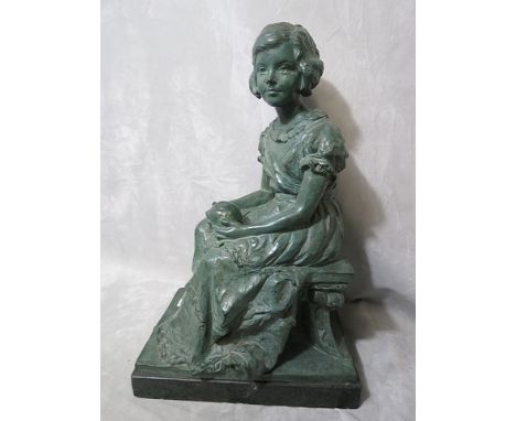 Strool 1935, a bronze figure of a young girl sitting on a stool, signed and dated to the base on a black slate plinth, 18 hig