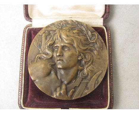 Marie Alexandre Luccen Coudray, a cased bronze medallion, the reverse depicting Cerberus Orpheus asleep to the sounds of his 