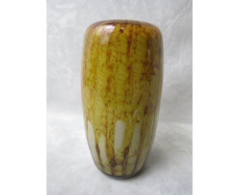 Peter Wheeler for Whitefriars glass - a studio range cased glass vase in a striped design of crystal over brown over opal gla