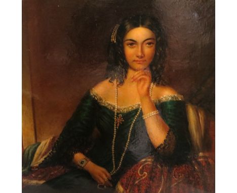 19th Century English School, gilt framed oil on canvas portrait of a young lady wearing pearls