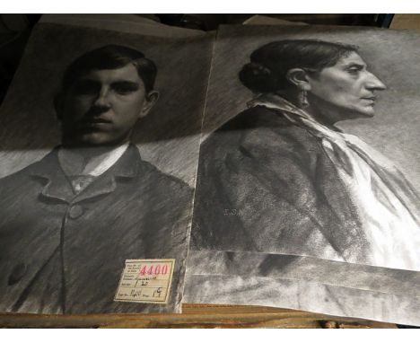 Louis Gunniss, five unframed charcoal portrait drawings with original no. labels