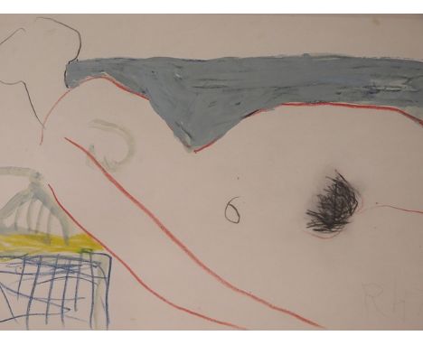 Roger Hilton 1974, a mixed media on paper sketch of a nude female, initialed and dated lower right, 29cm x 21cm