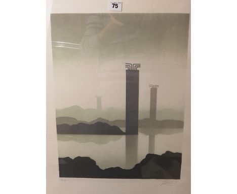 Trevor Grimshaw 1947-2001, Reflected Monoliths, a signed limited edition lithograph print 15/50, mounted and glazed in a silv