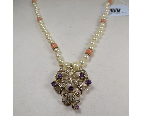 A single strand of uniform cultured pearls with coral and gold bead spacers, together with a 9ct gold amethyst and seed pearl