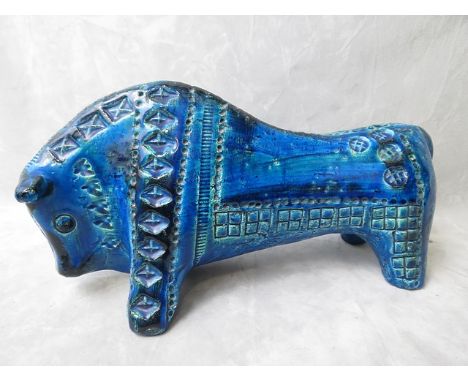 A Bitossi retro pottery model of a bull with incised decoration and a Rimini blue glaze