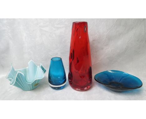 William Wilson and Harry Dyer for Whitefriars glass, a ruby glass knobbly vase, circa 1964, label to vase, pat no 9618, along