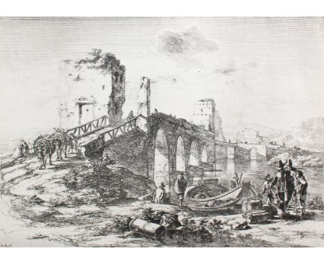 Both, Jan: (1610/18 Utrecht 1652). Ponte Milvio. - Flusslandschaft mit Händlern u. Mauleseln (Der Mauleseltreiber auf der Via