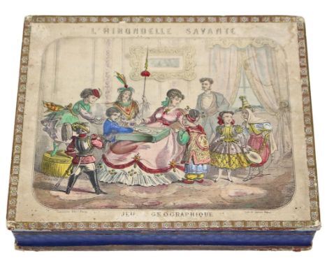 L'hirondelle savante.: Jeu géographique.  Paris, (Leon) Saussine o. J. (um 1860). 27,5 x 22,5 cm. Handkol. lithogr. Spielplan