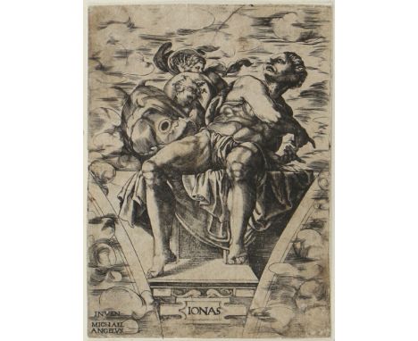 Michelangelo Buonarroti: (1475 Caprese - Rom 1564) nach. Ionas. Kupferstich. 15 x 11 cm. - Auf den Rand beschn., etw. fl.   R