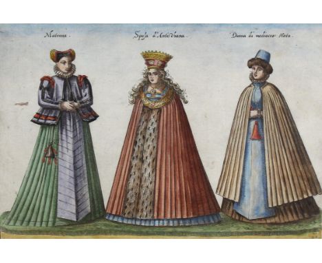 Trachtendarstellungen.: 2 kolorierte Kupferstiche mit Darstellungen der deutschen Mode im 16. Jh., um 1580. Ca. 20 x 29 bzw. 