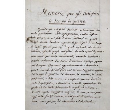 Artillerie.: "Memorie per gli artiglieri in tempo di guerra" (Kopftitel). Italienische Handschrift auf Papier. Nicht dat. Ita