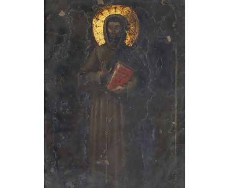 Franz von Assisi.: Der stehende Franziskaner mit Wundmalen, güldenem Heiligenschein u. einem Buch mit dem Titel "Vera S. Fran