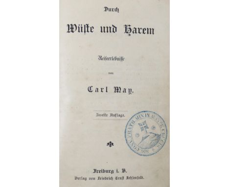 May,K.: Durch Wüste und Harem. Freiburg, Fehsenfeld 1892. 634 S. Original-Halbleder mit Rückenvergoldung.  (= Gesammelte Reis
