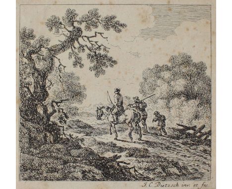 Dietzsch, Johann Christoph: (1710 Nürnberg 1769).  7 Landschaften, meist mit Reitern oder mit Staffagen. Plgr. zw. 8 x 12,5 u