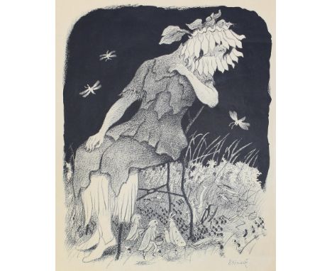 Kreidolf, Ernst.: Sonnenblume-Frau sitzt auf einem Stuhl im Feld zwischen Heuschrecken, Ameisen und Käfern. Lithographie. [19