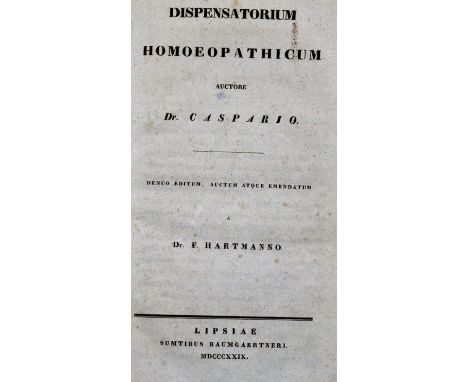 Hartmann,F.: Pharmacopoea Homoeopathica. Lpz., Baumgärtner 1829. VIII, 128 S. Pbd. d. Zt. mit Rsch.  Nebentitel: Dispensatori